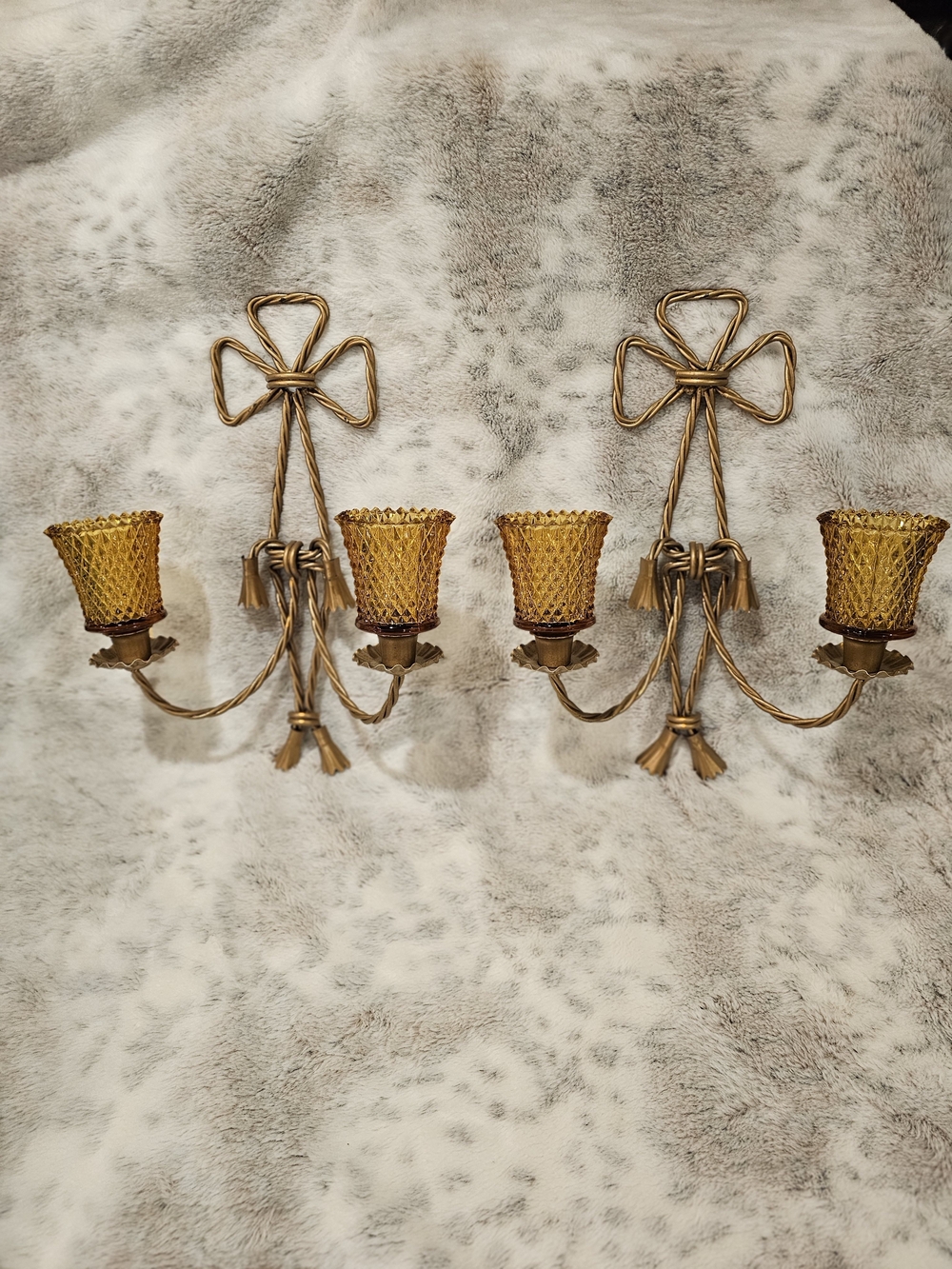Gold Bow Wall Double Arm Sconce Pair with 4 Amber Glass Shades - Vintage Style